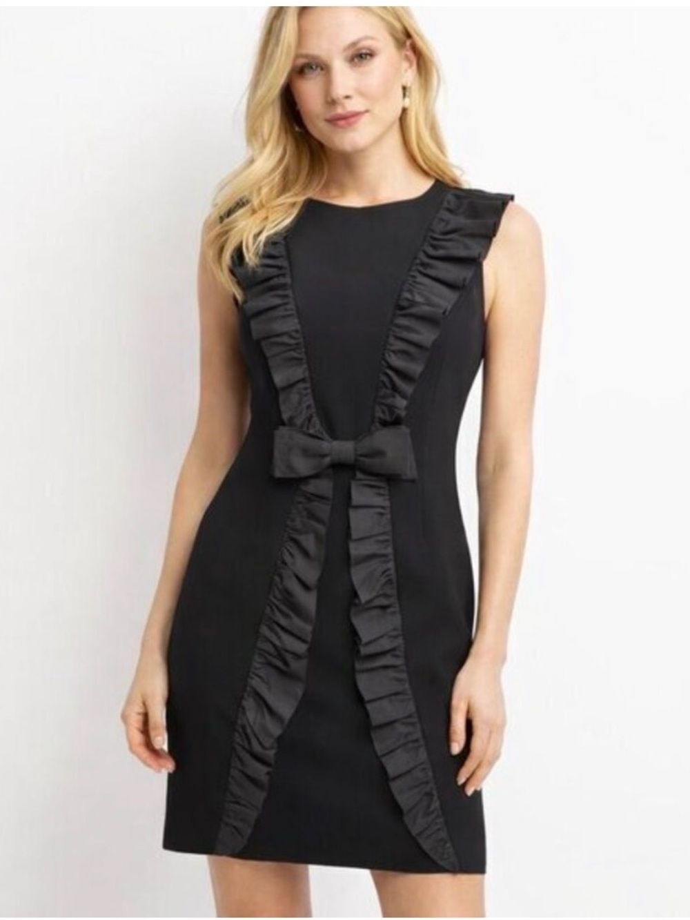 LN Teri Jon Black Sleeveless Sheath Dress with Ruffle Trim and Bow